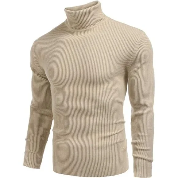Mens Ribbed Slim Fit Knitted Pullover Casual Turtleneck Sweater